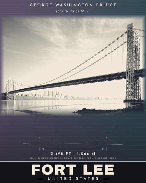 George Washington Bridge landmark poster, Fort Lee, Saturn Series, archival photograph with LiDAR measurements
