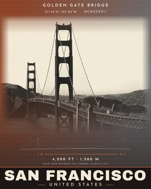 Golden Gate Bridge landmark poster, Saturn Series, archival photograph with LiDAR measurements