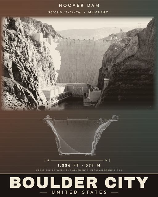 Hoover Dam landmark poster, Saturn Series, archival photograph with LiDAR measurements