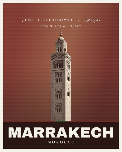 Koutoubia Mosque landmark poster, Marrakech, Venus Series, illustrated travel-poster style