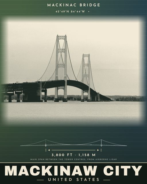 Mackinac Bridge landmark poster, Saturn Series, archival photograph with LiDAR measurements