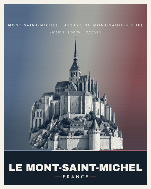 Mont Saint-Michel landmark poster, Le Mont-Saint-Michel, Venus Series, illustrated travel-poster style