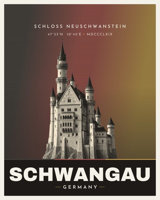 Neuschwanstein Castle landmark poster, Schwangau, Venus Series, illustrated travel-poster style