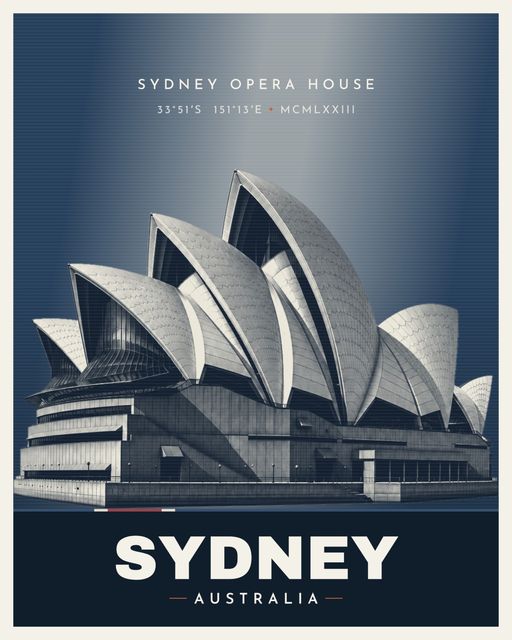 Sydney Opera House landmark poster, Venus Series, illustrated travel-poster style