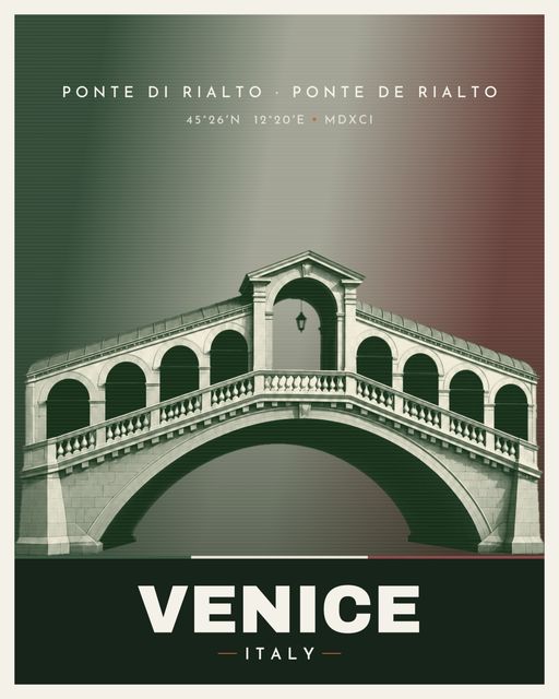 Rialto Bridge landmark poster, Venice, Venus Series, illustrated travel-poster style