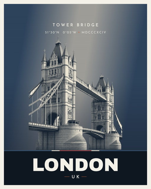 Tower Bridge landmark poster, London, Venus Series, illustrated travel-poster style