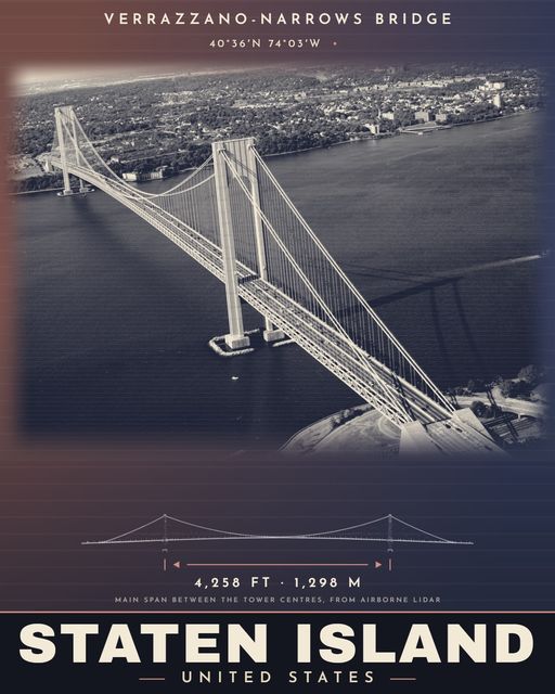 Verrazzano-Narrows Bridge landmark poster, Staten Island, Saturn Series, archival photograph with LiDAR measurements