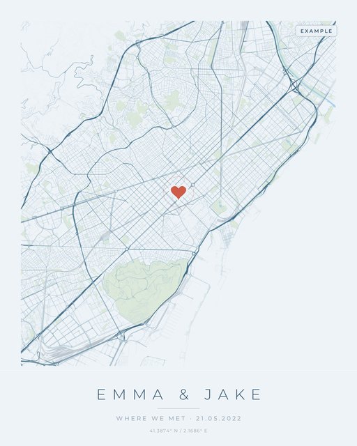 Example Story Map of Barcelona in Harbor Blue with a heart and the words Emma and Jake, marked Example