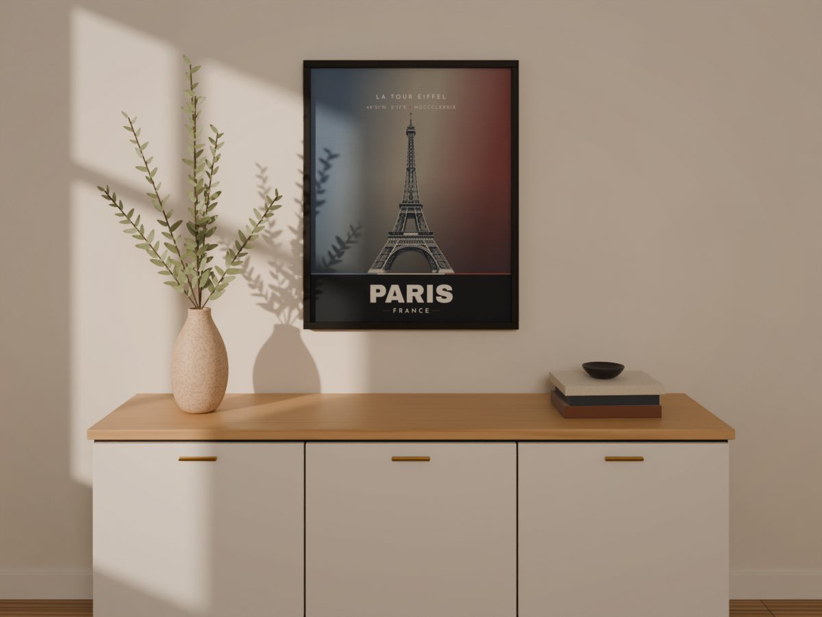 Eiffel Tower landmark poster from the Venus Series, framed in black above a sideboard
